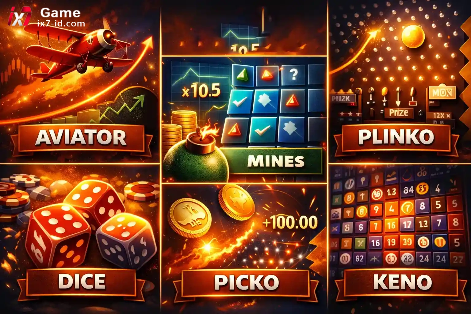 Aviator, Mines, Plinko, Dice and Keno instant games collage with chips and coins