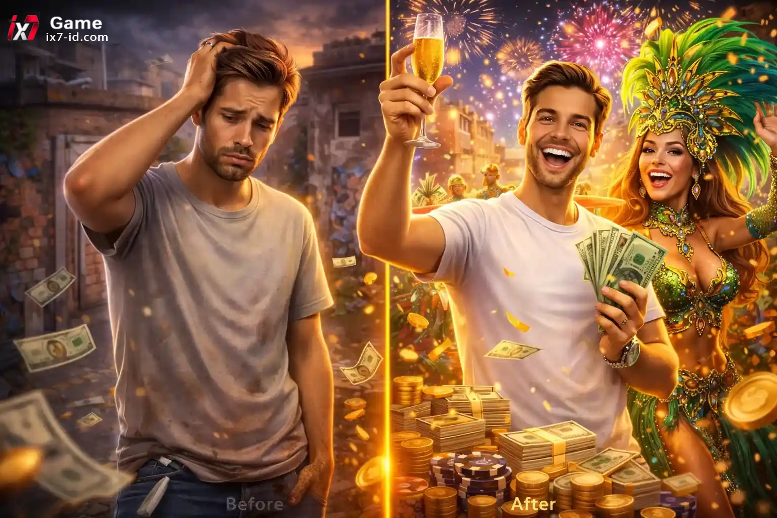 Before and after casino win showing disappointed player turning into happy winner with cash