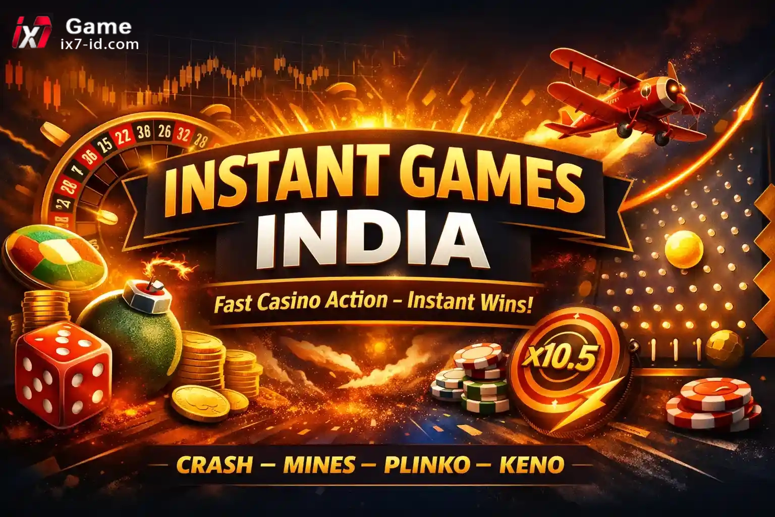 Instant casino games banner with crash plane, roulette wheel, coins and multipliers