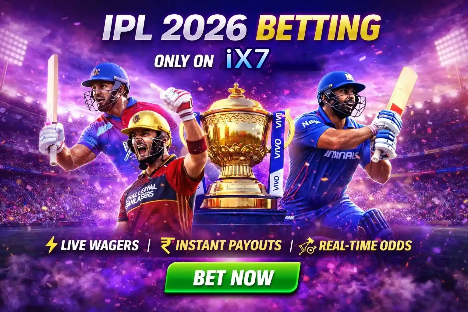 IPL 2026 betting promo with players, trophy and live wager features