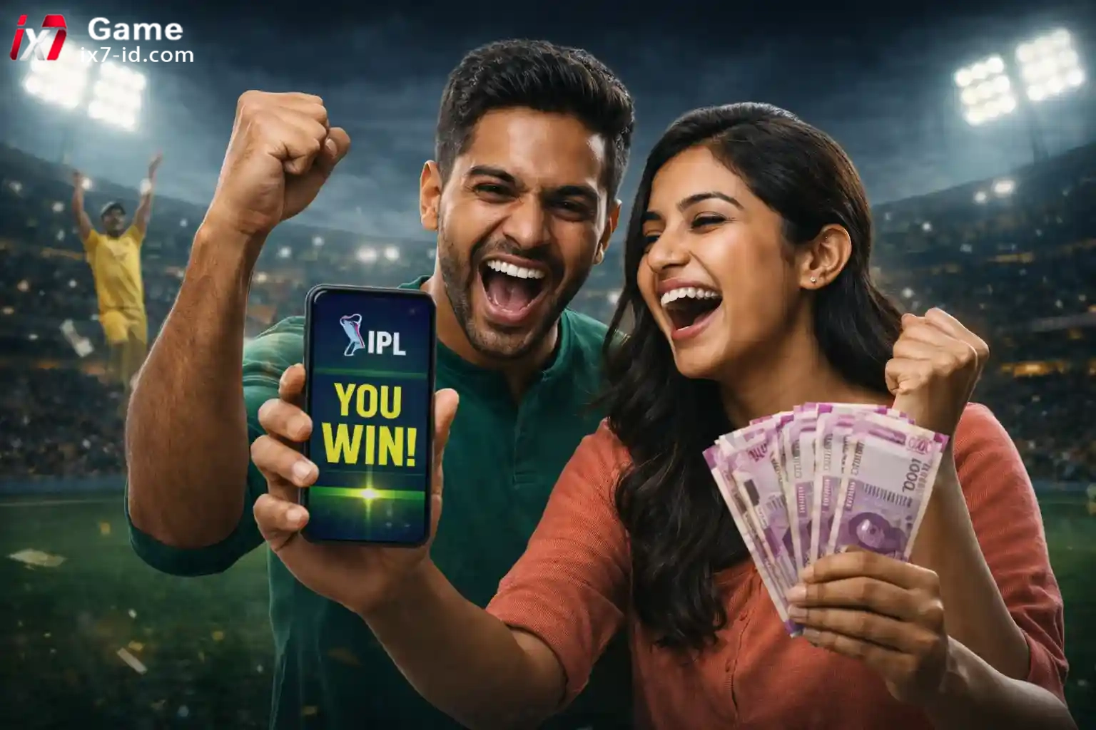 Indian couple celebrating IPL win on mobile phone with cash in stadium