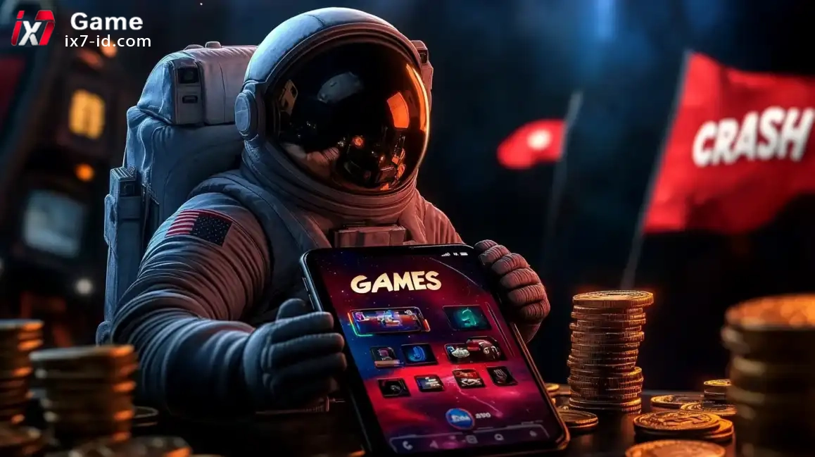 Astronaut in space suit playing crash games on tablet with coins in atmospheric casino setting