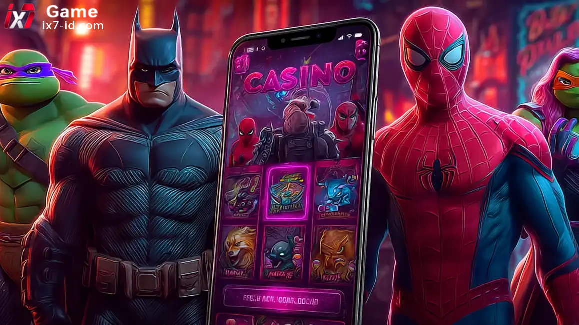Batman, Spider-Man and Ninja Turtles characters with mobile casino game displaying various slots